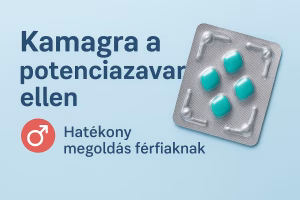 Kamagra potencianövelő készítmény illusztrációja – férfi szimbólummal, tablettákkal és zöld pipával, a ‘Kamagra a potenciazavar ellen – Hatékony megoldás férfiaknak’ felirattal teal háttéren