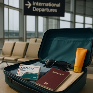 Nyitott bőrönd reptéri váróban Kamagra tablettákkal, útlevéllel, napszemüveggel és napkrémmel az utazás előtt, háttérben ‘International Departures’ tábla.